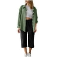thumbnail image 1 of 2 Piece Linen Sets For Women Long Sleeve Button Up Collared Shirt And Drawstring Capris Outfits Fall Spring Loungewear Army Green 1 S, 1 of 5