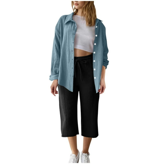 2 Piece Linen Sets For Women Long Sleeve Button Up Collared Shirt And Drawstring Capris Outfits Fall Spring Loungewear Sky Blue L
