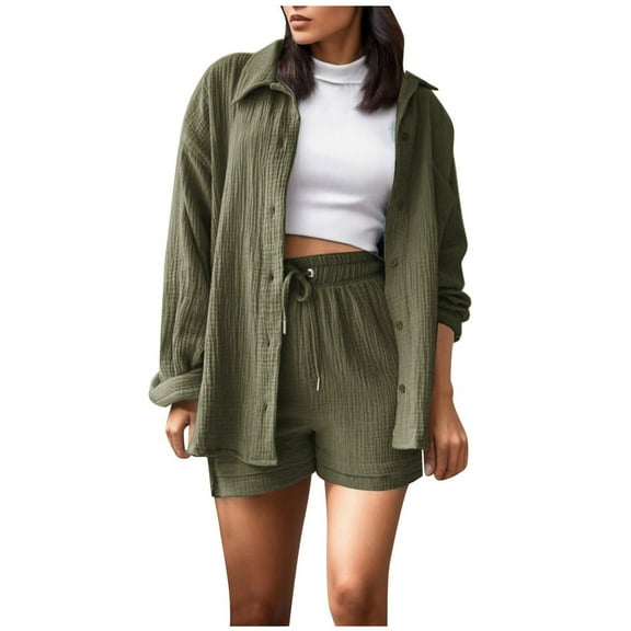 2 Piece Linen Sets for Women Long Sleeve Button Up Collared Shirt and Drawstring Shorts Outfits Fall Spring Loungewear,Army Green,L