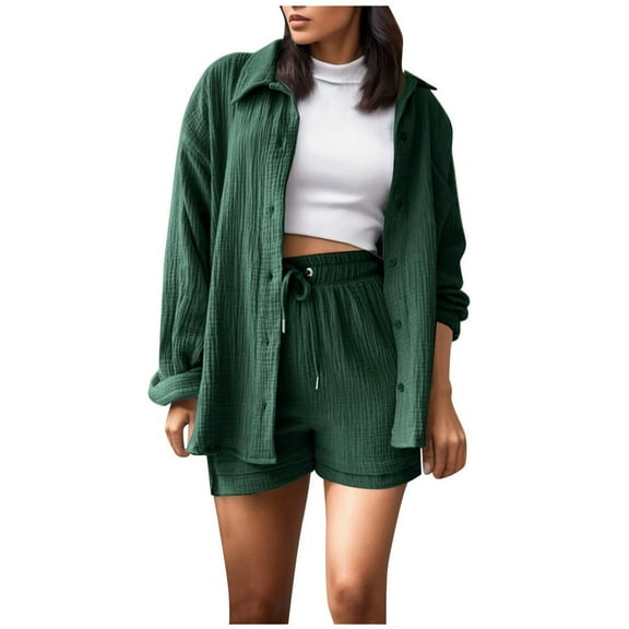 2 Piece Linen Sets for Women Long Sleeve Button Up Collared Shirt and Drawstring Shorts Outfits Fall Spring Loungewear,Green 2,S