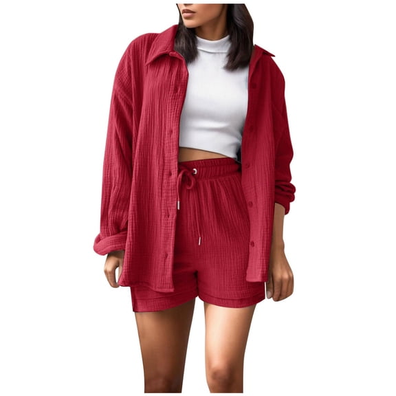 2 Piece Linen Sets for Women Long Sleeve Button Up Collared Shirt and Drawstring Shorts Outfits Fall Spring Loungewear,Red,M