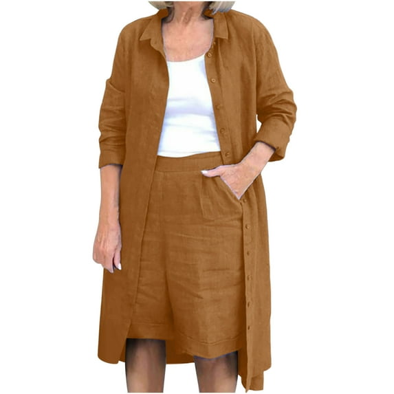 2 Piece Linen Shorts Sets Full Sleeve Button Up Long Top Shirt and High Waist Shorts Summer Fall Outfits for Women Loose (M, Brown)