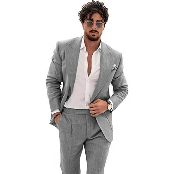 2 Piece Linen Suits for Men Slim Fit Casual Beach Wedding Summer Grooms Groomsmen Linen Blazer Pants Suit Gray XS