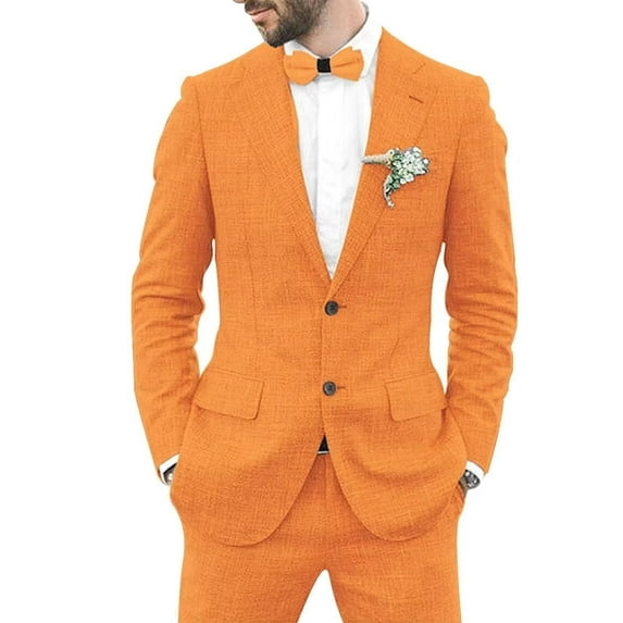 2 Piece Linen Suits for Men Slim Fit Casual Beach Wedding Summer Grooms Groomsmen Linen Blazer Pants Suit Orange 3XL