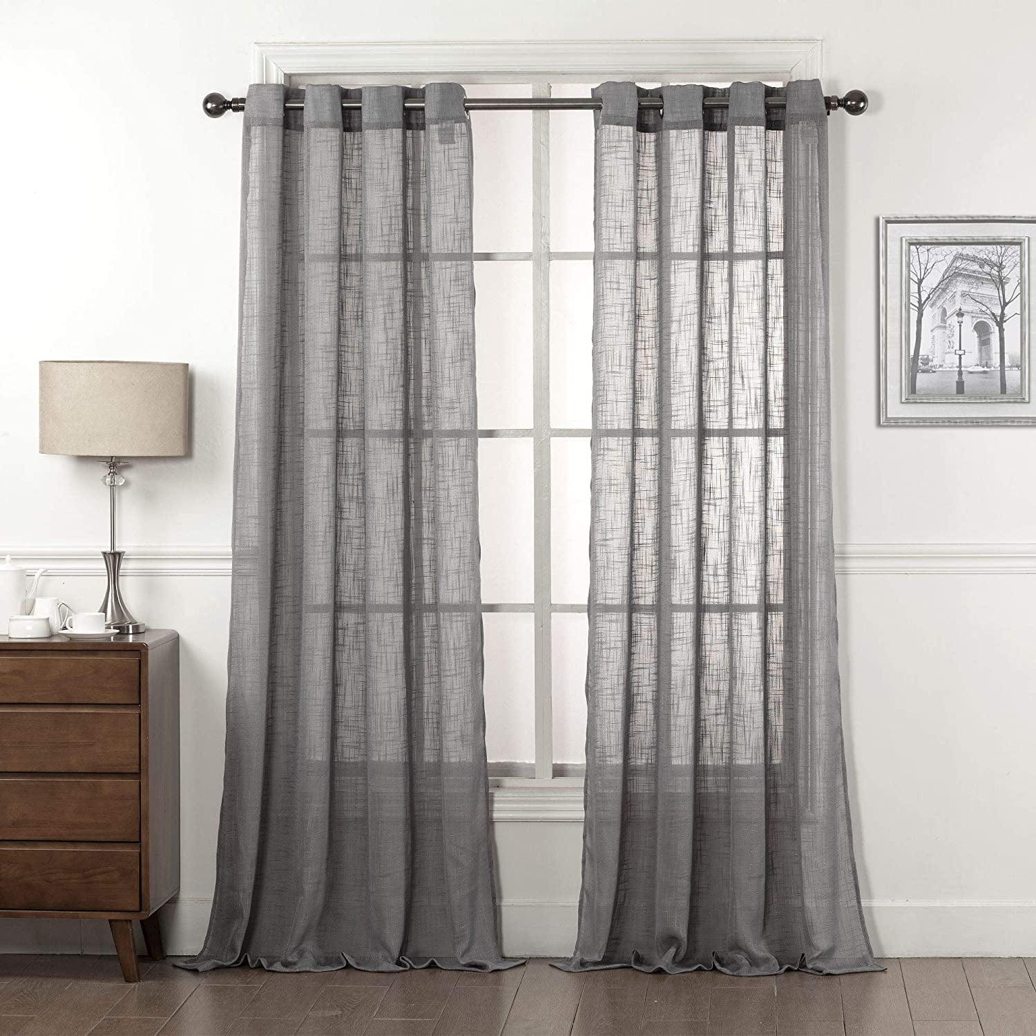 2 Piece Linen Textured Semi-Sheer Grommet Top Curtain Panel Drape Set (84" Long, Grey)