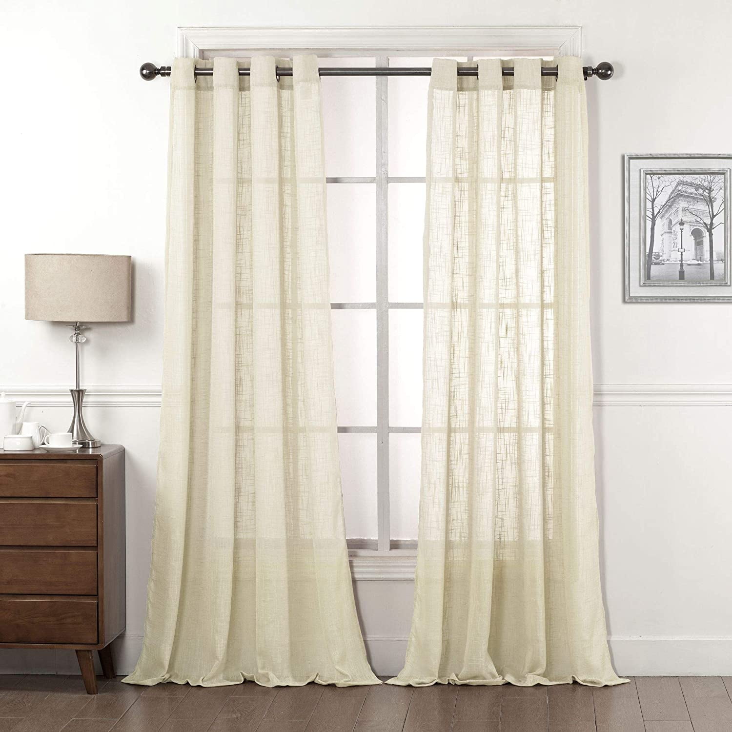 2 Piece Linen Textured Semi-Sheer Grommet Top Curtain Panel Drape Set (84" Long, Ivory)