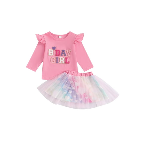 2-Piece Little Girls Skirt Clothing Set 12 18 24 Months 2T 3t 4T 5T Long Sleeve Letter Embroidered Sweatshirt Butterfly/Heart Puffy Gauze Skirt Outfits