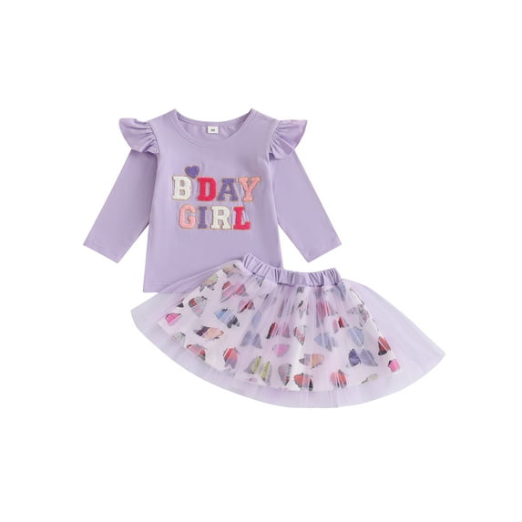 2-Piece Little Girls Skirt Clothing Set 12 18 24 Months 2T 3t 4T 5T Long Sleeve Letter Embroidered Sweatshirt Butterfly/Heart Puffy Gauze Skirt Outfits