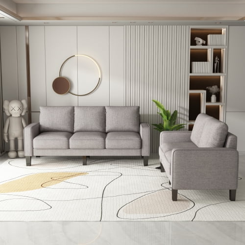 2 Piece Living Furniture Sets-3 Seater Couch and Loveseat, Modern Sofa Couch Set, Accent Arm Sofa, Mid-Century Comfty Sofa Bed for Living Room, Bedroom, Office, Apartment, Small Space, Light Gray