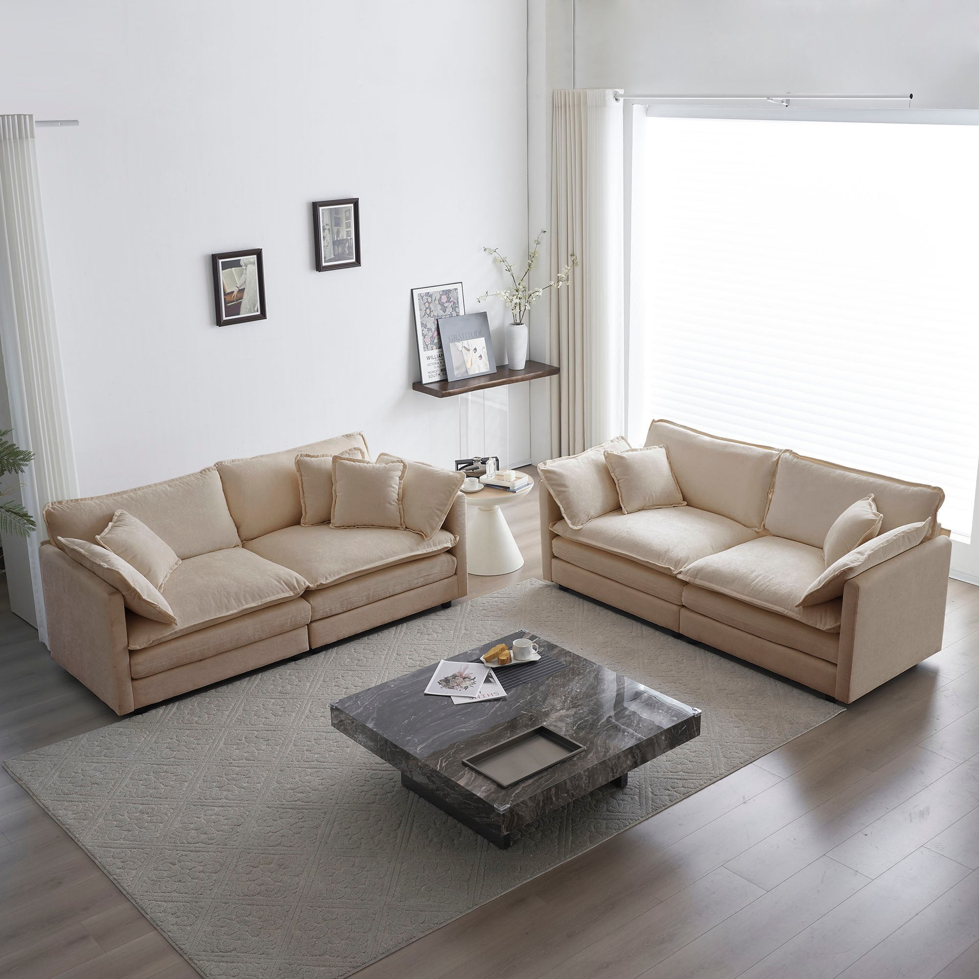 2 - Piece Living Room Set, 2 Pieces Upholstered Loveseat and Couch for Home Office Lounge, Sofa Set of 2, 2-Piece (2+2 Seat) Couch Set for Living Room (Beige)