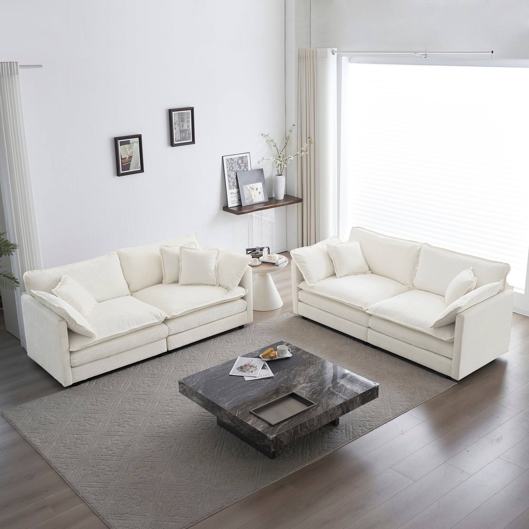 2 - Piece Living Room Set, 2 Pieces Upholstered Loveseat and Couch for Home Office Lounge, Sofa Set of 2, 2-Piece (2+2 Seat) Couch Set for Living Room (White)