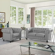 2 Piece Living Room Set, Faux Leather Chesterfield Loveseat & Chair, Deep Button Tufted with Rolled Arms, Home Furniture - Include 3-Seater Couch and Single Chair, Gray