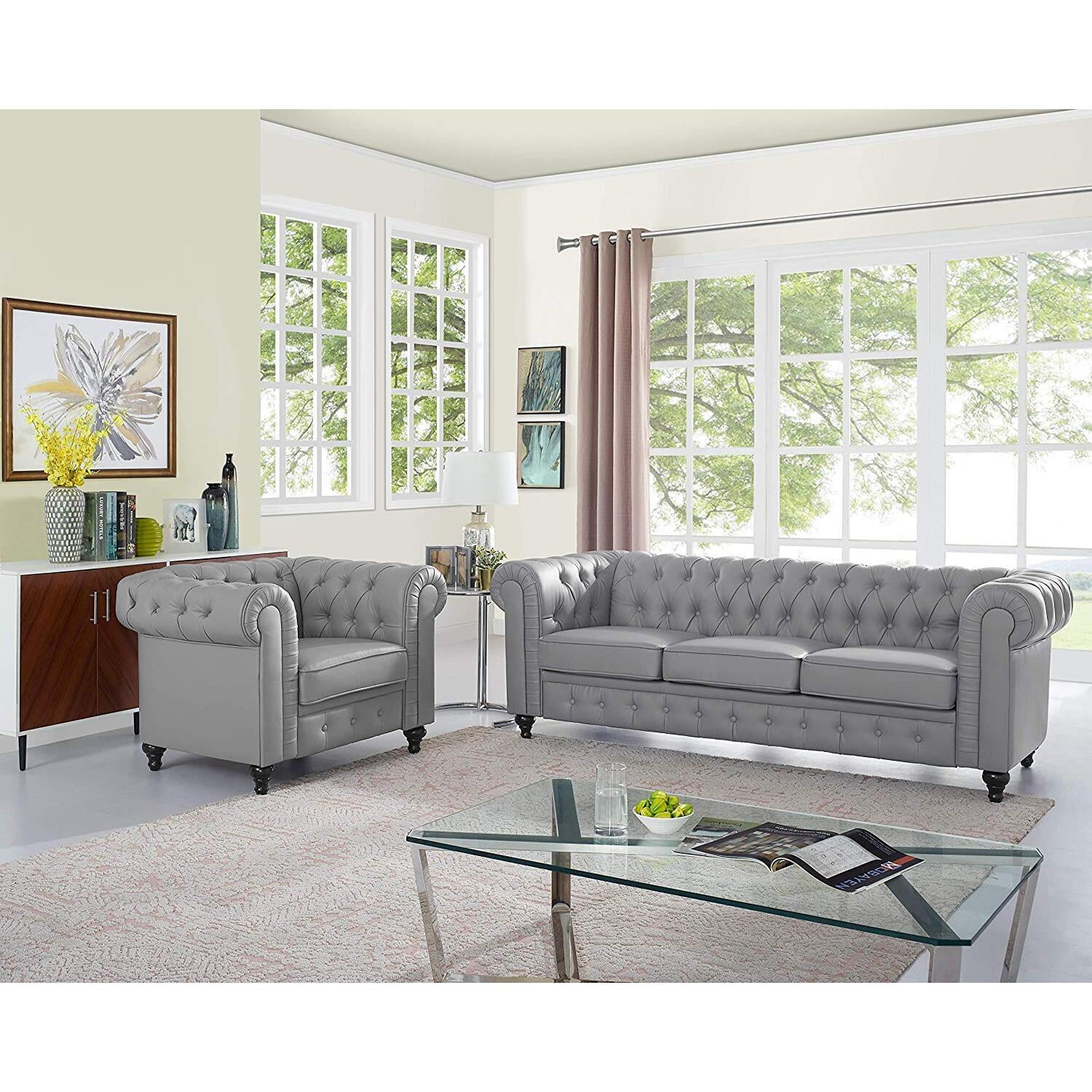 2 Piece Living Room Set, Faux Leather Chesterfield Sofa & Chair, Deep Button Tufted with Rolled Arms, Home Furniture - Include 3-Seater Couch and Single Chair, Gray