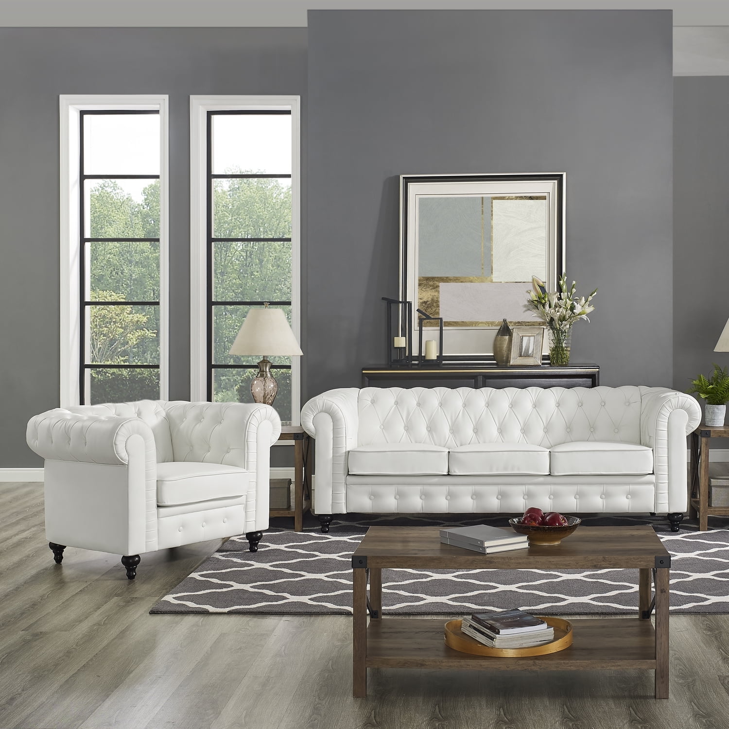 Naomi Home 2 Piece Faux Leather Tufted Arm Living Room Set White