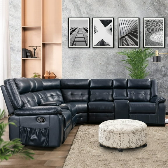 Nathaniel Home Modern Bonded Leather Reclining Sectional Sofa Living Room Set Deep Blue