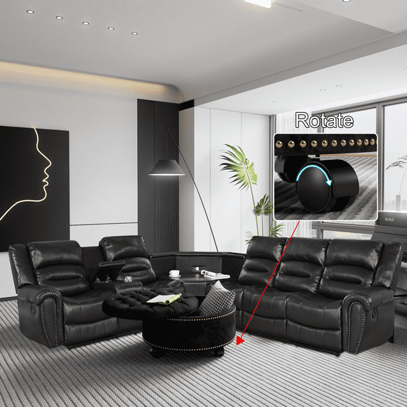 2-Piece Living Room Set, PU Leather Sectional Sofa Set with Caster Ottoman, 5 Seater Home Theater Sofa with Black Storage Ottoman, Reclining Couch, Jet Black Love Seat with Table