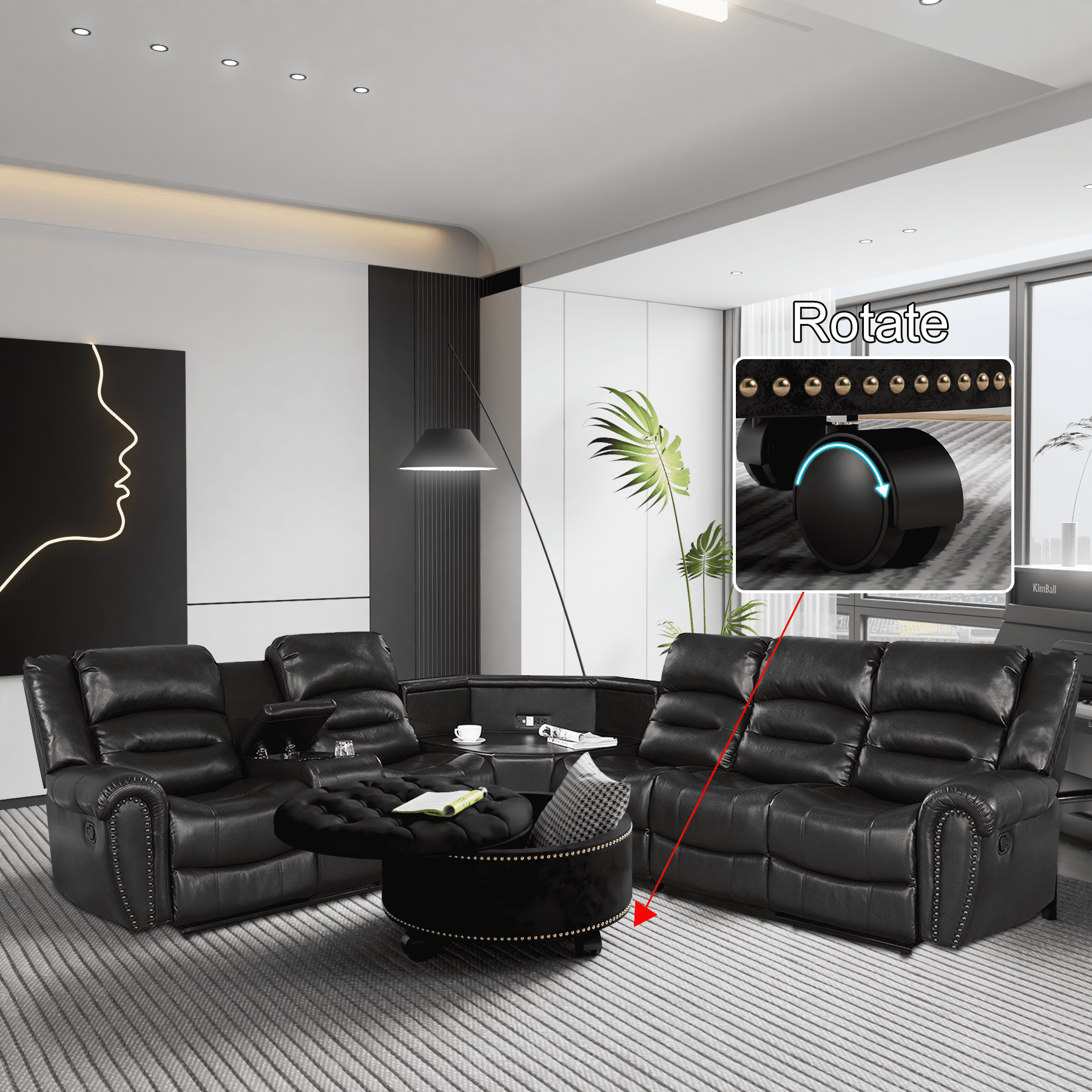 2-Piece Living Room Set, PU Leather Sectional Sofa Set with Caster Ottoman, 5 Seater Home Theater Sofa with Black Storage Ottoman, Reclining Couch, Jet Black Love Seat with Table