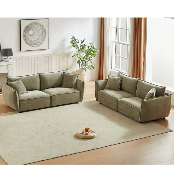 2-Piece Living Room Sofa Set, 3-Seater + 3-Seater Sectional Combo Sofa, Upholstered Linen Fabric Sofa, Wooden Frame with 3 Pillows, Apartment Sofa Furniture, Light Green