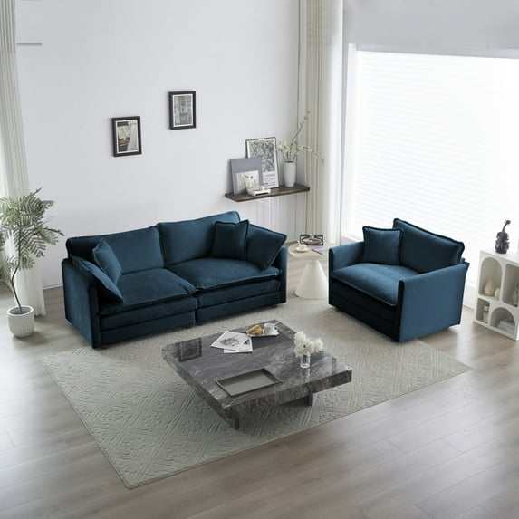 2 Piece Living Room Sofa Set, Chenille Deep Seat Loveseat Couch & Sofa Armchair Set, Modern Luxury Sectional Cloud Couches for Apartment, Office