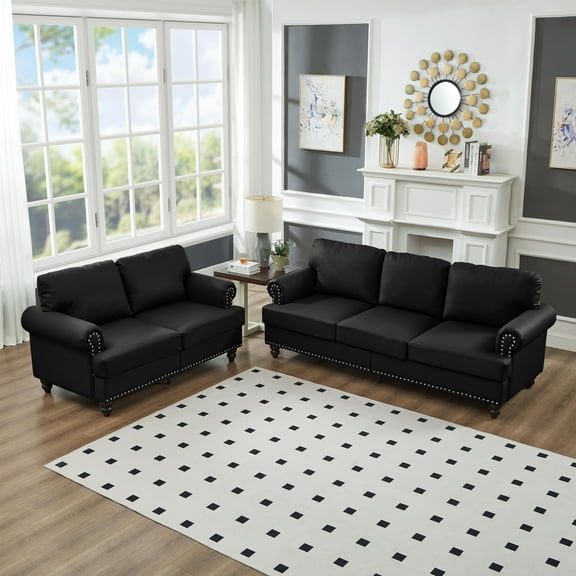 2 Piece Living Room Sofa Set, Modern Leather 3 Seater and Loveseat Sofa with Storage Seats and Rolled Nails Arms for Living Room, Black