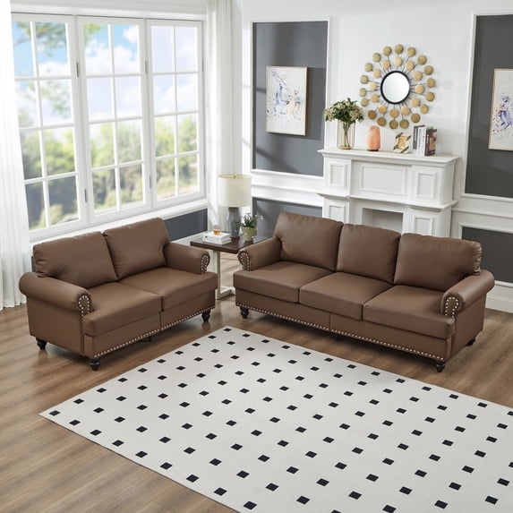 2 Piece Living Room Sofa Set, Modern Leather 3 Seater and Loveseat Sofa ...