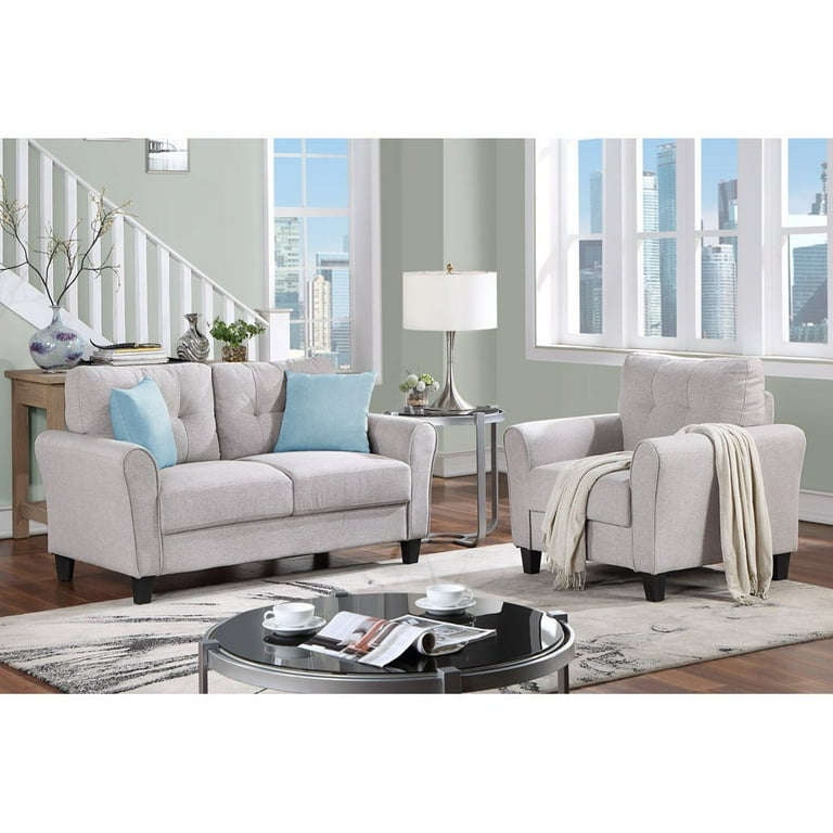 2 Piece Living Room Sofa Set Modern Linen Fabric Upholstered Armchair Couch Furniture Sets 2 Seat Sofa Couch Loveseat and Single Sofa Chair Sofas for