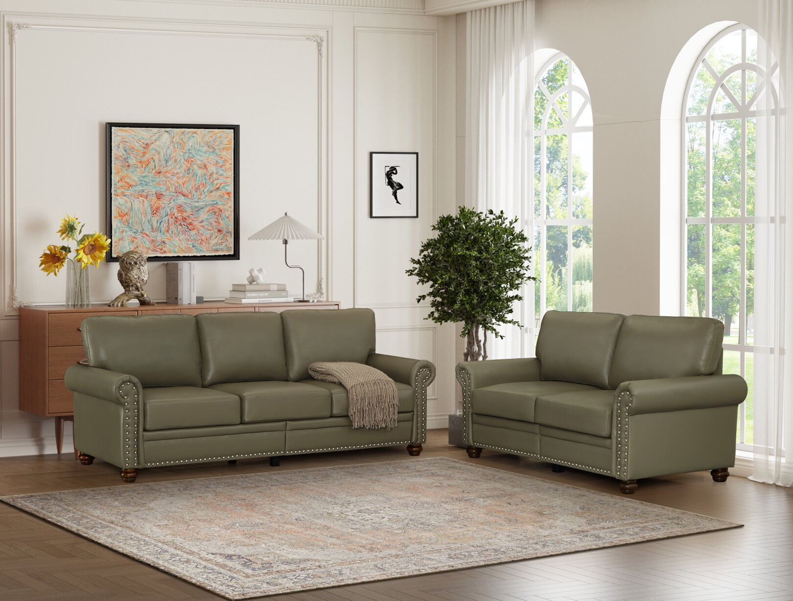 2 Piece Living Room Sofa Set with Storage,PU Leather Chesterfield Sofa Loveseat 3 Seater Sofa Couch with Wooden Legs Modern Accent Chair Sectional Sofa Set for Apartment Office, Grey
