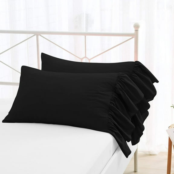 2 Piece Long Ruffles Mermaid Fishtail Pattern Solid Black Pillow Shams, (Standard 20X26 Pillow Cover), 100% Egyptian Cotton, 800 Thread Count, Standard Size