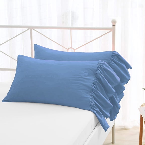 2 Piece Long Ruffles Mermaid Fishtail Pattern Solid Medium Blue Pillow Shams, (King 20X36 Pillow Cover), 100% Egyptian Cotton, 800 Thread Count, King Size