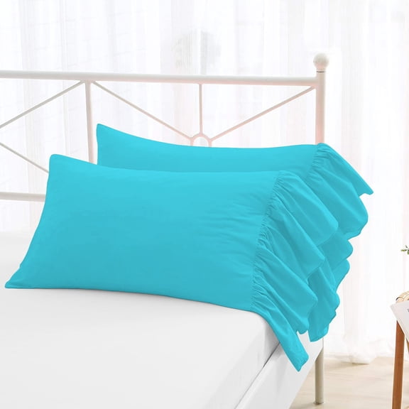 2 Piece Long Ruffles Mermaid Fishtail Pattern Solid Turquoise Blue European Pillow Shams, (European 18X18 Pillow Cover), 100% Egyptian Cotton, 800 Thread Count, European Size