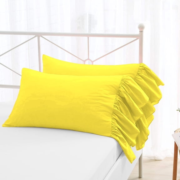 2 Piece Long Ruffles Mermaid Fishtail Pattern Solid Yellow Pillow Shams, (Queen 20X30 Pillow Cover), 100% Egyptian Cotton, 800 Thread Count, Queen Size