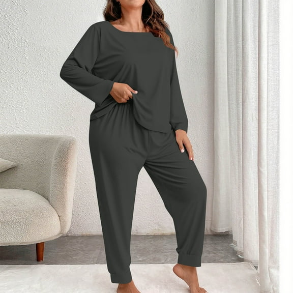 2 Piece Long Sleeve Pajama Set for Women Fall Plus Size Casual Loose Loungewear Lightweight Home Suit New Outfits for Women 2 Piece Sets Plus Size Dark Gray 4XL