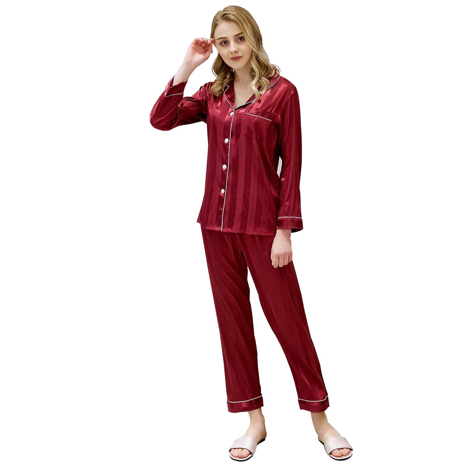 2 Piece Long Sleeve Silk Nightwear Pajamas Sets Cold Stretch Night Gown