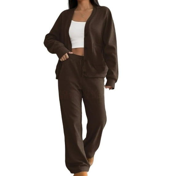 2 Piece Lounge Outfits Women Casual Cotton Sweatsuit Long Sleeve Button Up Cardigan Jacket and Wide Leg Pant Sets (M, Coffee)