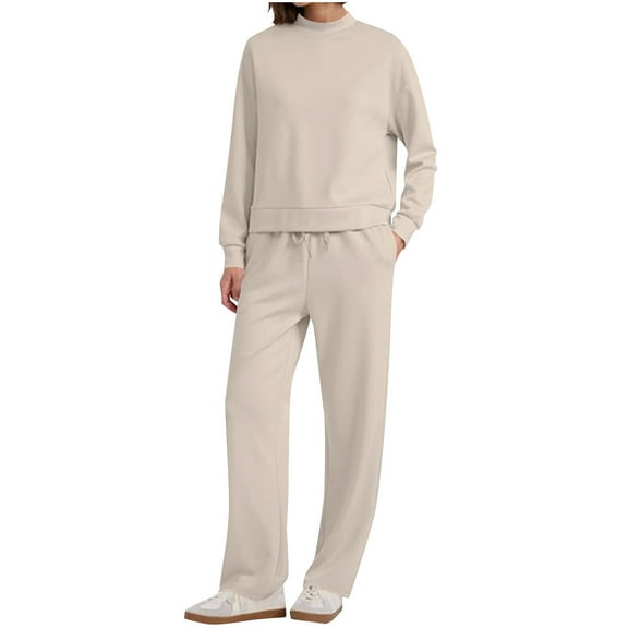 2 Piece Lounge Outfits Women Sweatsuits Loose Fit Mock Neck Plain Pullover Sweatshirt and Pant Sets Tracksuits (S, Beige)