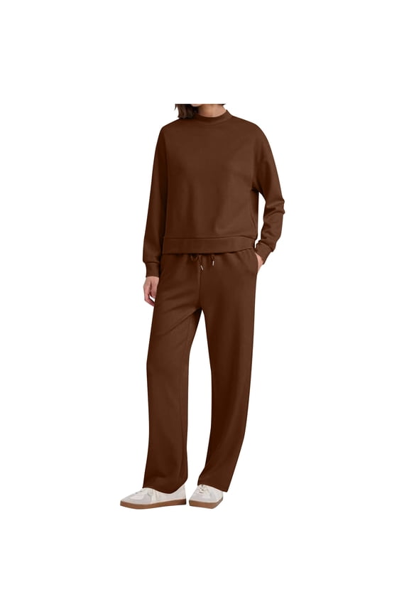 2 Piece Lounge Outfits Women Sweatsuits Loose Fit Mock Neck Plain Pullover Sweatshirt and Pant Sets Tracksuits (XL, Coffee)