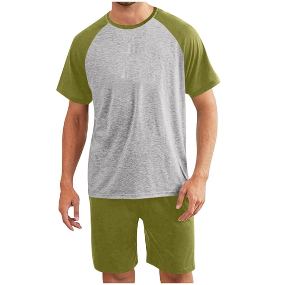 2 Piece Lounge Outfits for Men Summer Cotton Sleepwear Raglan Short Sleeve Tshirts and Pjs Shorts Pajamas Sets (3XL, Green)