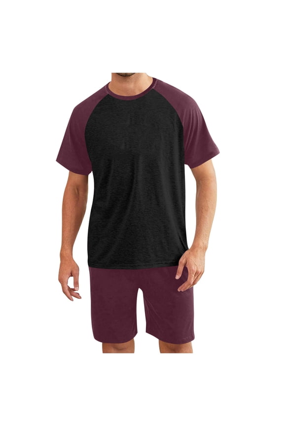2 Piece Lounge Outfits for Men Summer Cotton Sleepwear Raglan Short Sleeve Tshirts and Pjs Shorts Pajamas Sets (4XL, Wine)