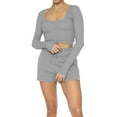 thumbnail image 1 of 2 Piece Lounge Outfits for Women Casual Comfy Solid Long Sleeve Crop Tops and Drawstring Shorts Sets Tracksuit, 1 of 9