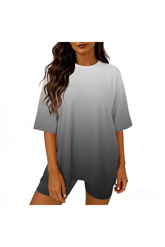 2 Piece Lounge Outfits for Women Summer Casual Oversized T-shirt with Short Legging Biker Workout Clothes Sets (M, Gray)