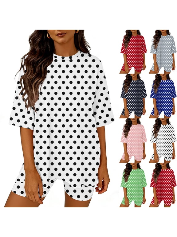 2 Piece Lounge Outfits for Women Summer Casual Oversized T-shirt with Short Legging Biker Workout Clothes Sets (XL, White|Polka Dots)