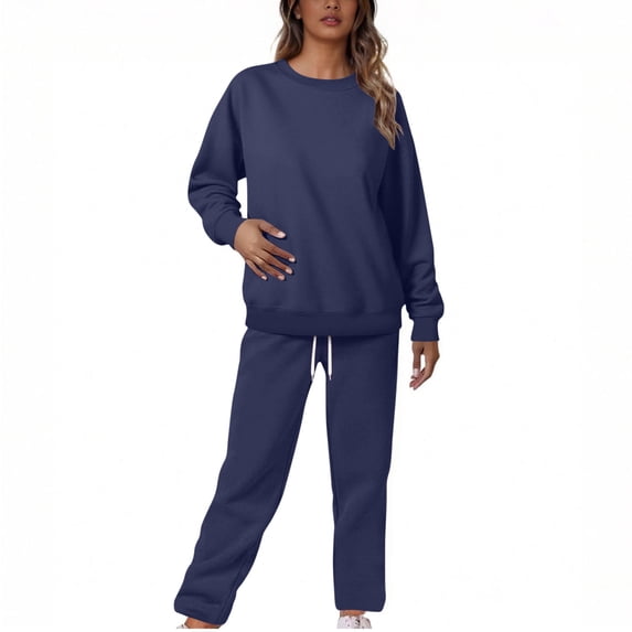 2 Piece Lounge Set Women Casual Solid Color Long Sleeve Top and Elastic Waist Drawstring Long Pants Sets Sweatshirt Sweatpants Set Oversized Soft Loose Womens 2 Piece Outfits Sweatsuit Set