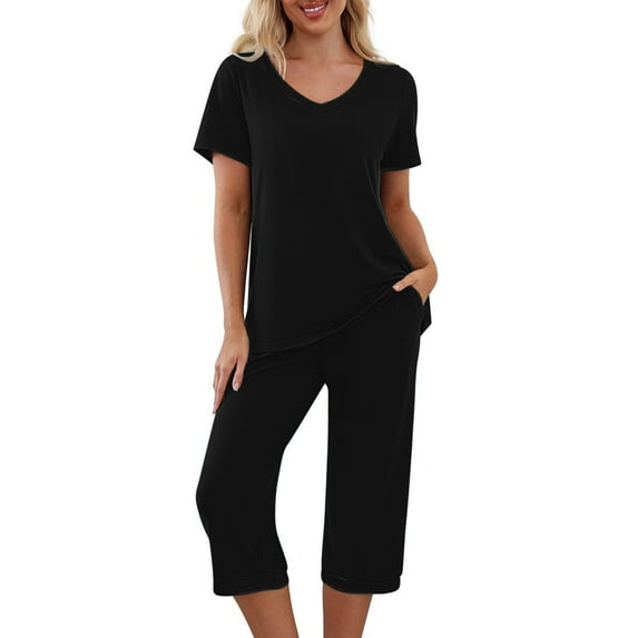 2 Piece Lounge Set Women Solid Color Lounge Sets for Women V Neck Tunic Shirt and Wide Leg Capris Pants Loose Fitting Sleepwear
