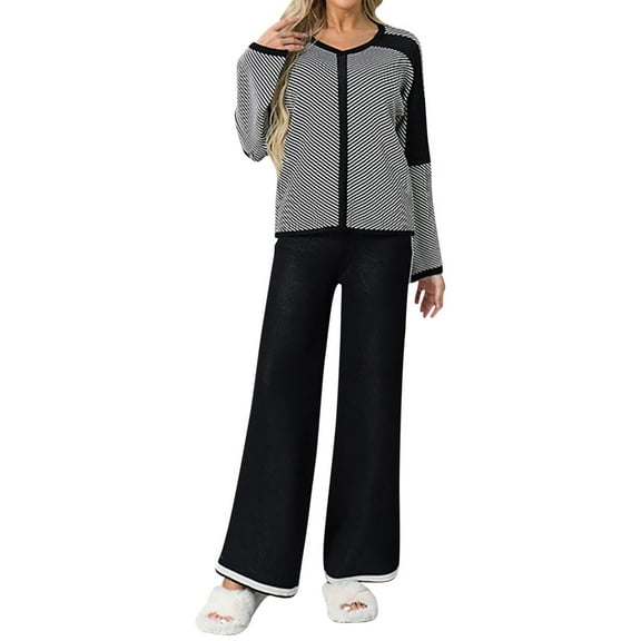 2 Piece Lounge Set Women Color Blocked Long Sleeve Top and Wide Pants Outfits Fall V-Neck Loungewear Pullover Sweatsuits (Black Free Size)