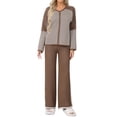 thumbnail image 1 of 2 Piece Lounge Set Women Color Blocked Long Sleeve Top and Wide Pants Outfits Fall V-Neck Loungewear Pullover Sweatsuits (Coffee Free Size), 1 of 2