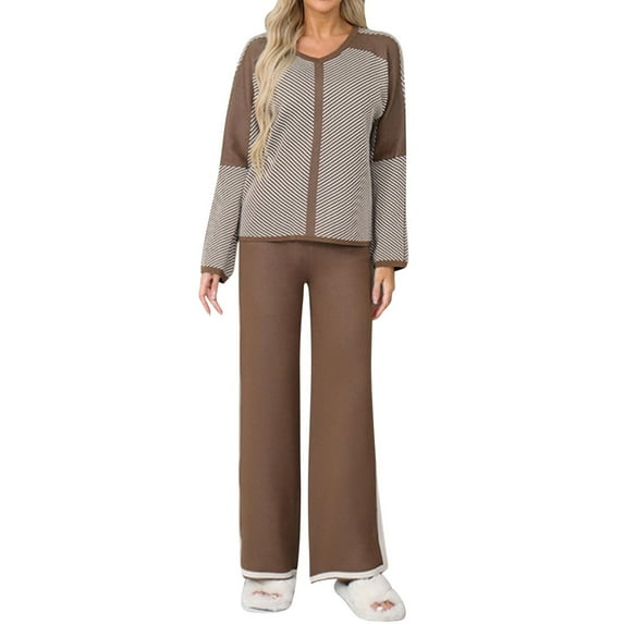 2 Piece Lounge Set Women Color Blocked Long Sleeve Top and Wide Pants Outfits Fall V-Neck Loungewear Pullover Sweatsuits (Coffee Free Size)