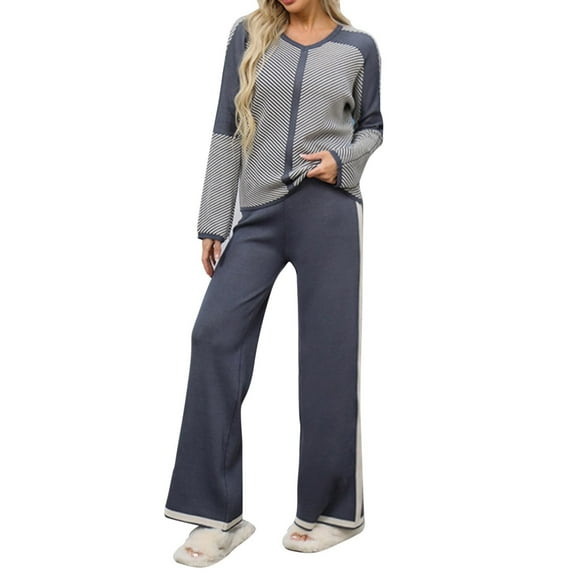 2 Piece Lounge Set Women Color Blocked Long Sleeve Top and Wide Pants Outfits Fall V-Neck Loungewear Pullover Sweatsuits (Gray Free Size)