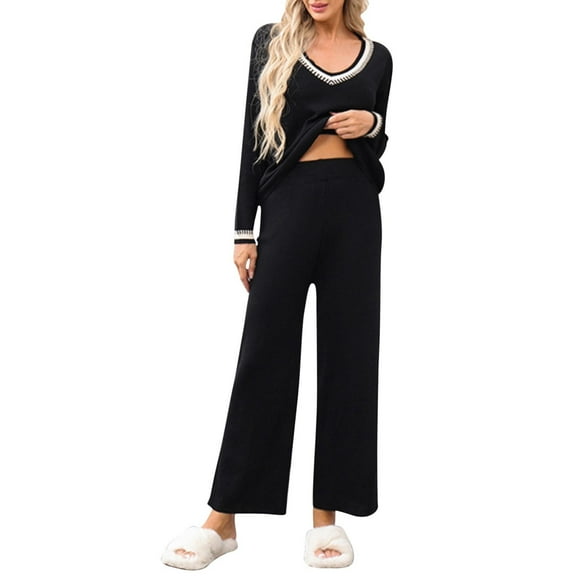 2 Piece Lounge Set Women Knit Long Sleeve Top and Wide Pants Outfits Fall V-Neck Loungewear Pullover Sweatsuits (Black Free Size)