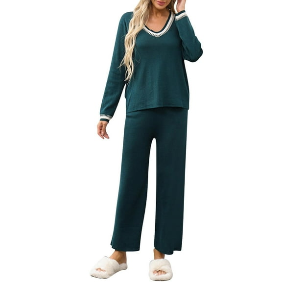 2 Piece Lounge Set Women Knit Long Sleeve Top and Wide Pants Outfits Fall V-Neck Loungewear Pullover Sweatsuits (Green Free Size)