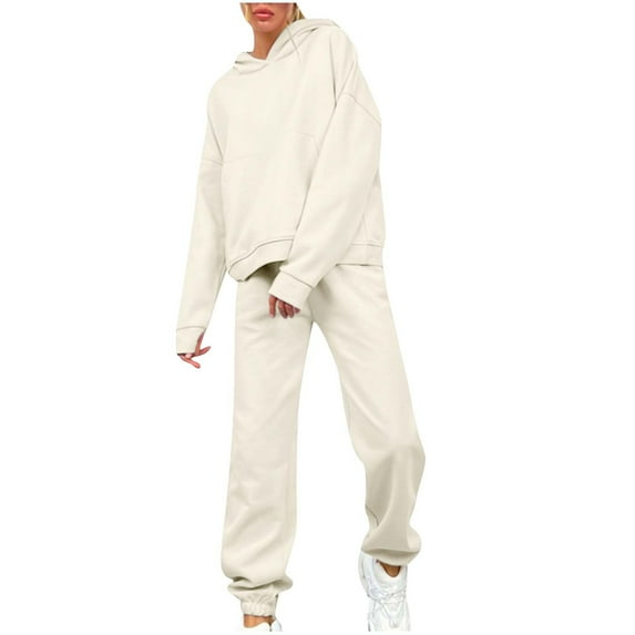 2 Piece Lounge Set Women Long Sleeve Hooded Tops Pants Jogger Hoodie Sweatsuit Casual Solid Color Sweatshirt Sweatpant Suit (Beige XL)